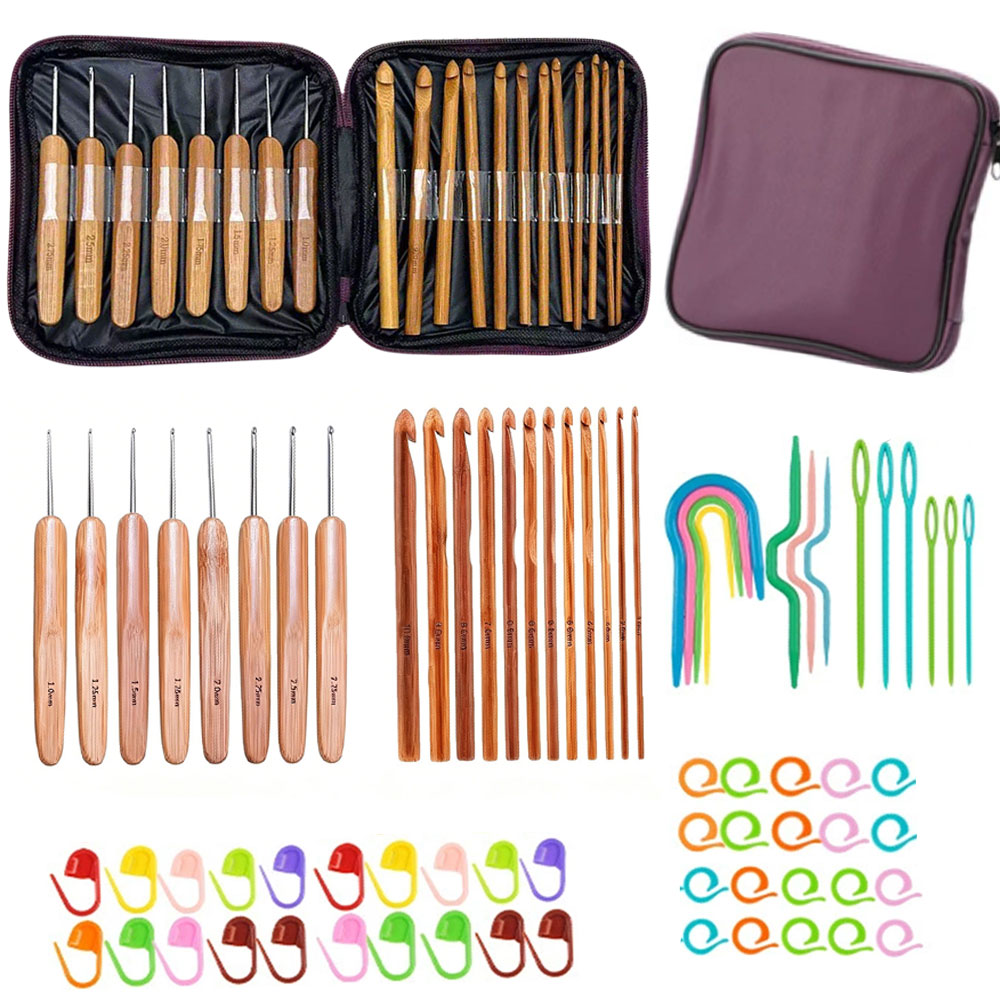 Tool Bag - ชุดเข็มโครเชต์ไม้ไผ่ 74 ชิ้น พร้อมอุปกรณ์ถักไหมพรม เย็บปักถักร้อย พร้อมกระเป๋าเก็บแบบพกพา